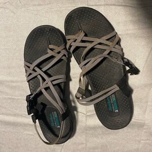 Skechers Women's Black and Tan Strappy Sandals